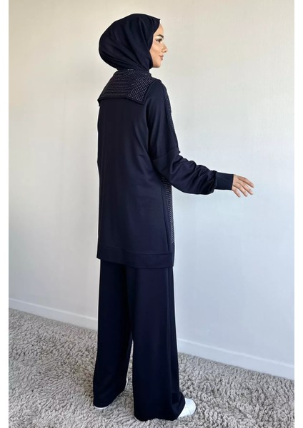 Ön Boydan Fermuarlı Taş Işlemeli Tunik Bel Lastikli Pantolon Tesettür Ikili Takım P-00019392 fırsatları