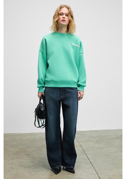 Prıence Kadın Yumuşak Kumaşlı Baskılı ve Havlu Patchlı Yuvarlak Yaka Yeşil Sweatshirt indirimleri