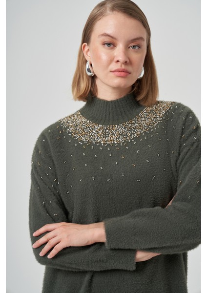 Boncuk Işlemeli Angora Kazak 7003 Haki