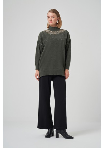 Boncuk Işlemeli Angora Kazak 7003 Haki fırsatları