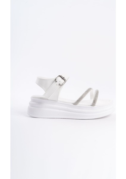 Zlohe Kalın Tokalı Taşlı Şeritli Ortopedik Taban Kadın Sandalet Cbt - Beyaz