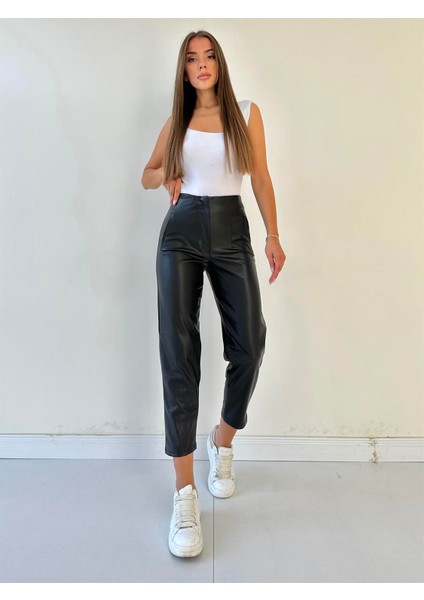 Pens Detay Deri Pantolon Siyah