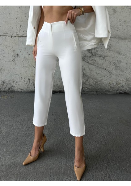 Pensli Yüksek Bel Kumaş Pantolon Ekru