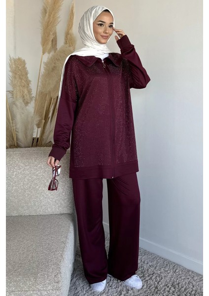 Ön Boydan Fermuarlı Taş Işlemeli Tunik Bel Lastikli Pantolon Tesettür Ikili Takım P-00019392