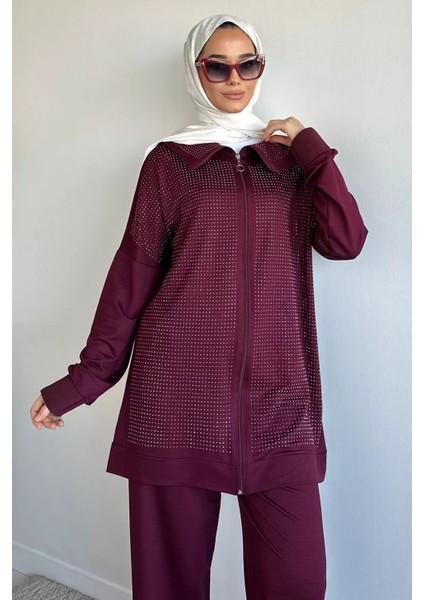 Ön Boydan Fermuarlı Taş Işlemeli Tunik Bel Lastikli Pantolon Tesettür Ikili Takım P-00019392 fiyatları