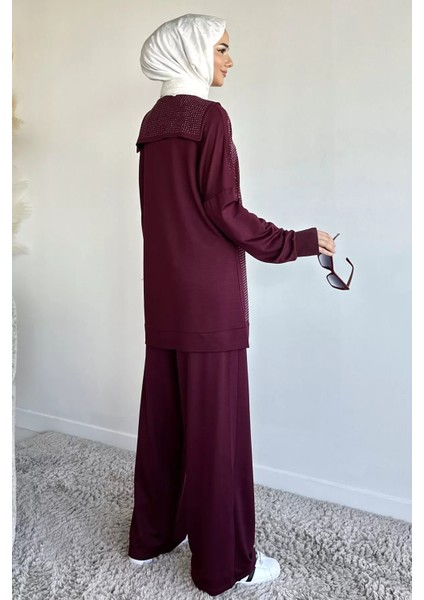 Ön Boydan Fermuarlı Taş Işlemeli Tunik Bel Lastikli Pantolon Tesettür Ikili Takım P-00019392 modelleri