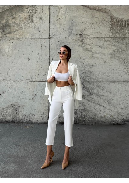 Pensli Yüksek Bel Kumaş Pantolon Ekru modelleri