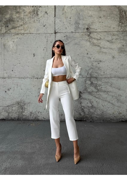 Pensli Yüksek Bel Kumaş Pantolon Ekru indirimleri