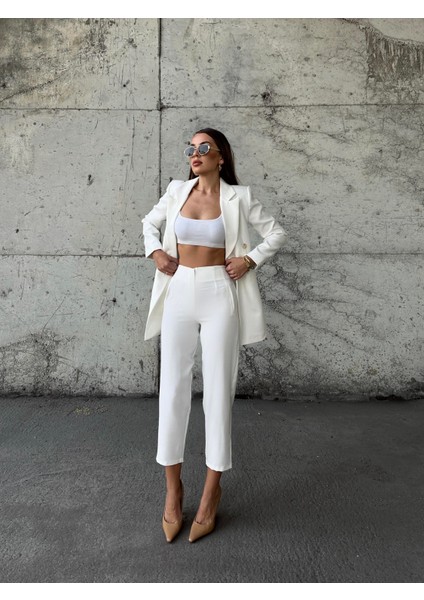 Pensli Yüksek Bel Kumaş Pantolon Ekru