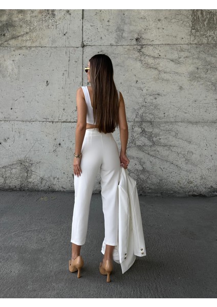 Pensli Yüksek Bel Kumaş Pantolon Ekru