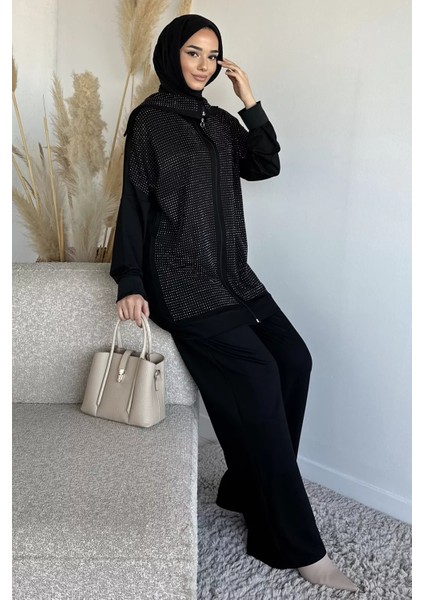 Ön Boydan Fermuarlı Taş Işlemeli Tunik Bel Lastikli Pantolon Tesettür Ikili Takım P-00019392