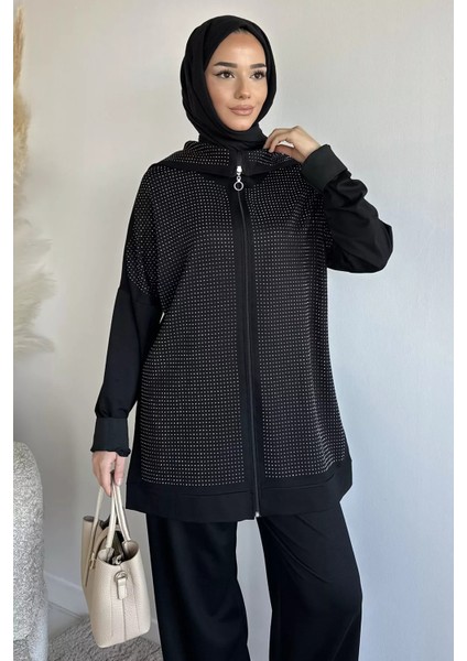 Ön Boydan Fermuarlı Taş Işlemeli Tunik Bel Lastikli Pantolon Tesettür Ikili Takım P-00019392 fiyatları