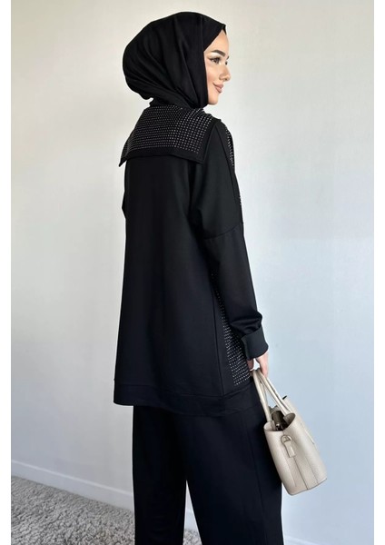 Ön Boydan Fermuarlı Taş Işlemeli Tunik Bel Lastikli Pantolon Tesettür Ikili Takım P-00019392 modelleri
