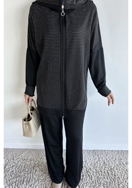 Ön Boydan Fermuarlı Taş Işlemeli Tunik Bel Lastikli Pantolon Tesettür Ikili Takım P-00019392 fırsatları