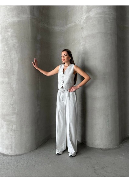 Beli Lastikli Polyviskon Pantolon Gri