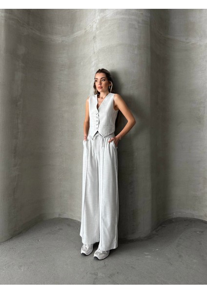 Beli Lastikli Polyviskon Pantolon Gri