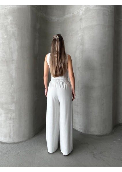 Beli Lastikli Polyviskon Pantolon Gri