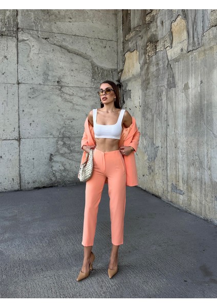 Pensli Yüksek Bel Kumaş Pantolon Somon modelleri