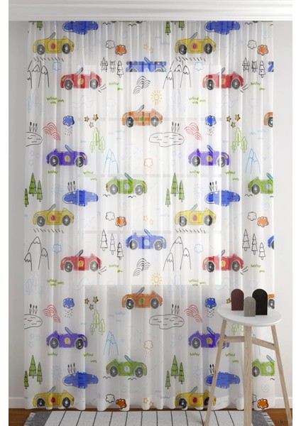 Tül Perde Renkli Yarış Arabaları Çocuk Odası Tül Perde Seyrek Pile (1x2) fiyatları