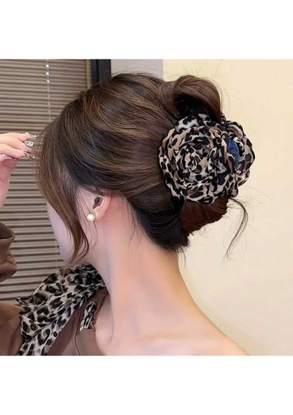 Krem Leopar Desenli Gül Tasarım Mandal Toka (BC-1252 )