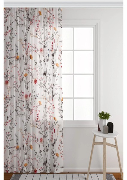 Tül Perde Beyaz Zemin Renkli Çiçekler ve Dallar Salon & Oturma Odası Tül Perde Seyrek Pile (1 x 2)