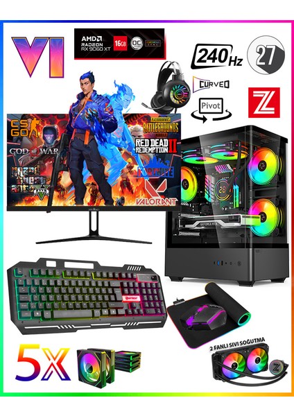 GTA-VI RX6XT ✔ Ryzen 7 5700X 32GB Ram 1TB M.2 Nvme SSD 16GB GDDR6 RX9060XT 27" 240Hz Sıvı Soğutmalı Premium Oyuncu Bilgisayarı