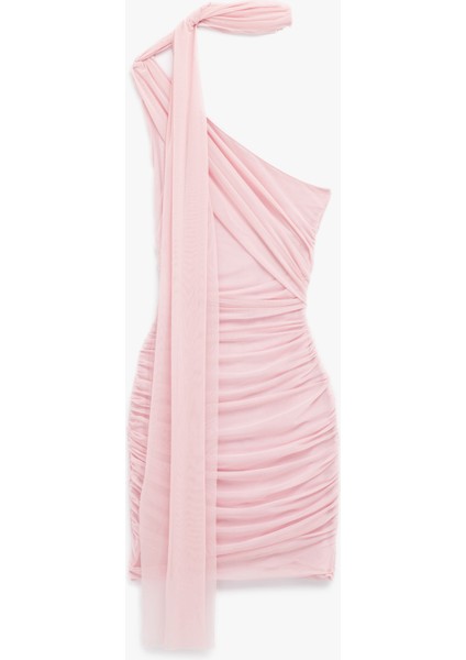 Tek Omuz Drapeli Boyundan Bağlamalı Tül Mini Abiye Elbise modelleri