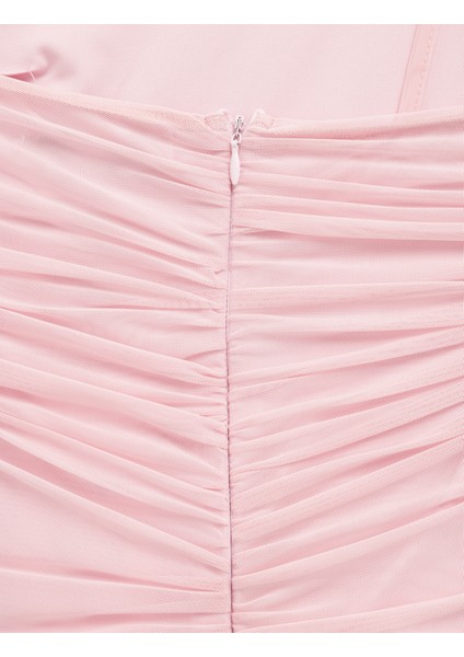 Tek Omuz Drapeli Boyundan Bağlamalı Tül Mini Abiye Elbise