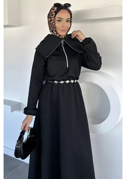 Ön Yarım Fermuarlı Bel Lastikli Zincir Aksesuarlı Tesettür Elbise P-00019465 fiyatları