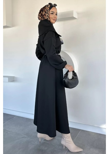 Ön Yarım Fermuarlı Bel Lastikli Zincir Aksesuarlı Tesettür Elbise P-00019465 modelleri