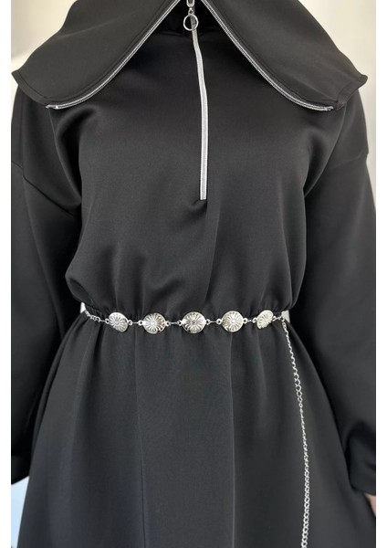 Ön Yarım Fermuarlı Bel Lastikli Zincir Aksesuarlı Tesettür Elbise P-00019465 fırsatları