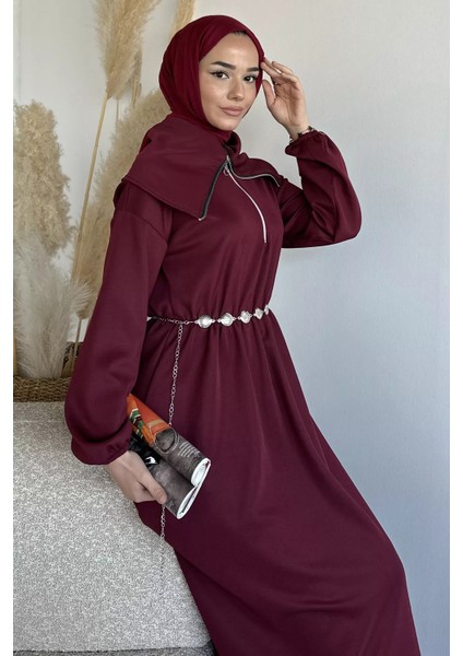 Ön Yarım Fermuarlı Bel Lastikli Zincir Aksesuarlı Tesettür Elbise P-00019465 modelleri