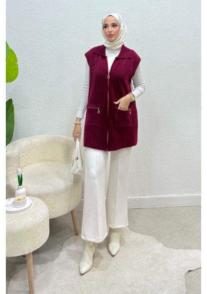 Hisel Fermuarlı Cepli Peluş Tesettür Yelek- Bordo Standart (36-42 Uyumlu)