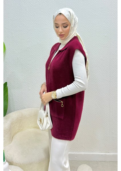 Hisel Fermuarlı Cepli Peluş Tesettür Yelek- Bordo Standart (36-42 Uyumlu) fiyatları