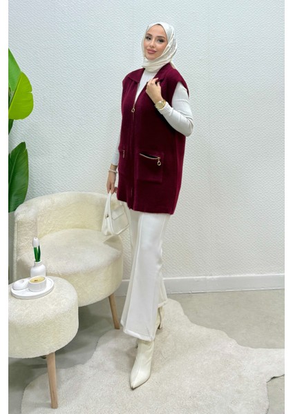 Hisel Fermuarlı Cepli Peluş Tesettür Yelek- Bordo Standart (36-42 Uyumlu) modelleri