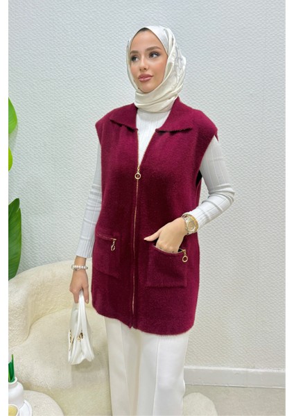 Hisel Fermuarlı Cepli Peluş Tesettür Yelek- Bordo Standart (36-42 Uyumlu) fırsatları