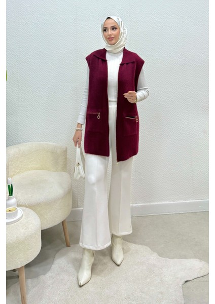 Hisel Fermuarlı Cepli Peluş Tesettür Yelek- Bordo Standart (36-42 Uyumlu) indirimleri