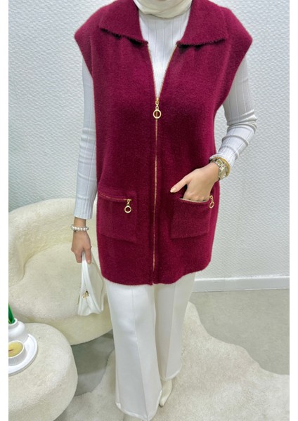 Hisel Fermuarlı Cepli Peluş Tesettür Yelek- Bordo Standart (36-42 Uyumlu)