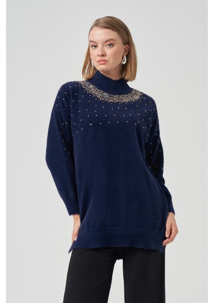 Boncuk Işlemeli Angora Kazak 7003 Lacivert