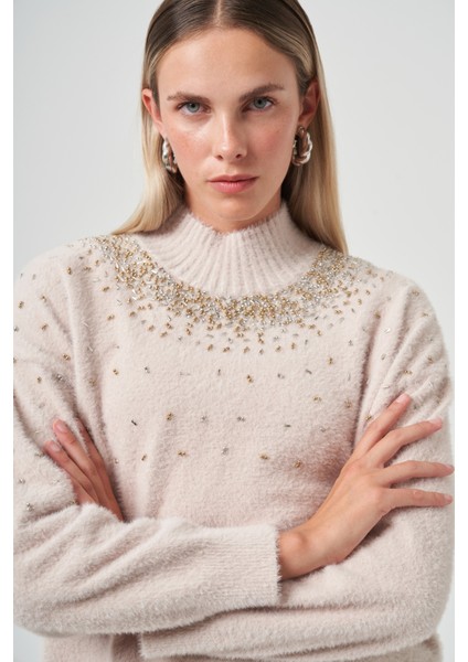 Boncuk Işlemeli Angora Kazak 7003 Bej