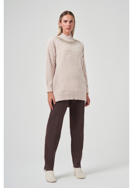 Boncuk Işlemeli Angora Kazak 7003 Bej indirimleri