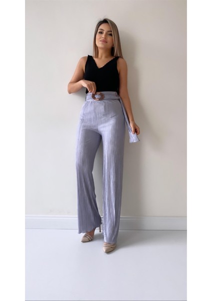 Piliseli Kemerli Şık Dökümlü Pantolon Gri modelleri