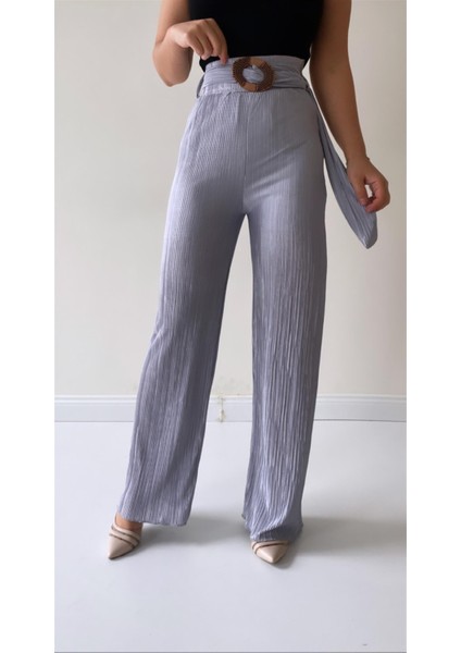 Piliseli Kemerli Şık Dökümlü Pantolon Gri indirimleri