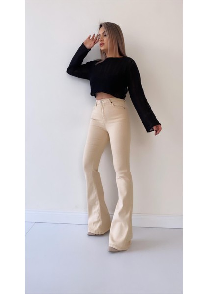 Ispanyol Paça Toparlayıcı Jean Pantolon Bej