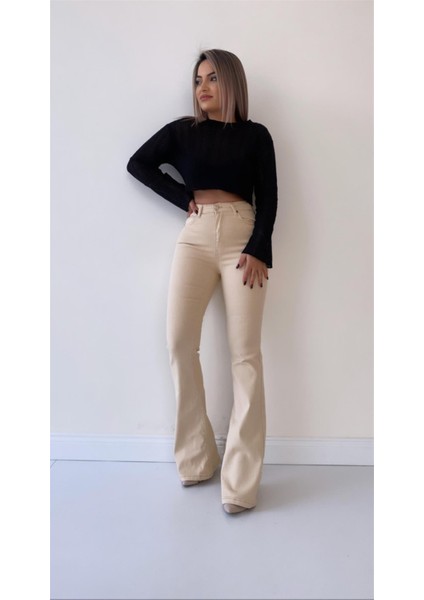 Ispanyol Paça Toparlayıcı Jean Pantolon Bej