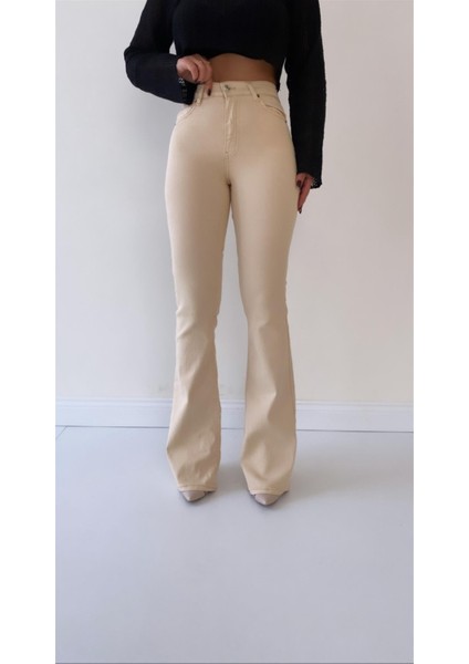 Ispanyol Paça Toparlayıcı Jean Pantolon Bej
