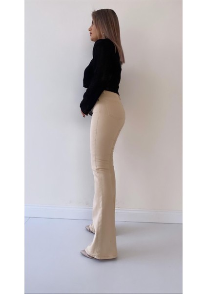 Ispanyol Paça Toparlayıcı Jean Pantolon Bej