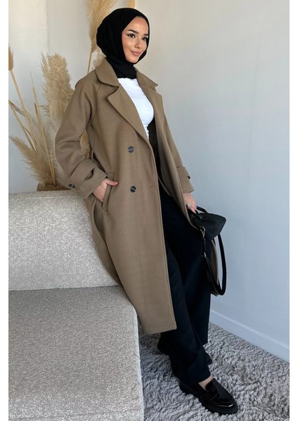 Kendinden Desenli Bel Kuşaklı Tesettür Kaban P-00019458