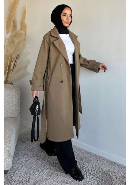 Kendinden Desenli Bel Kuşaklı Tesettür Kaban P-00019458 fiyatları