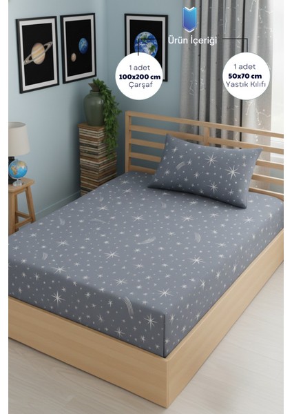 Yıldız Desenli Yastık Kılıflı Tek Kişilik Lastikli Çarşaf Takımı 100X200 cm (Çarşaf+Yastık Kılıfı)